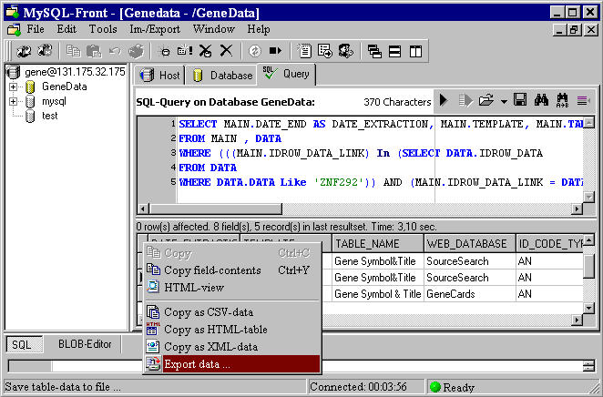 MySQL Front query result export in XML