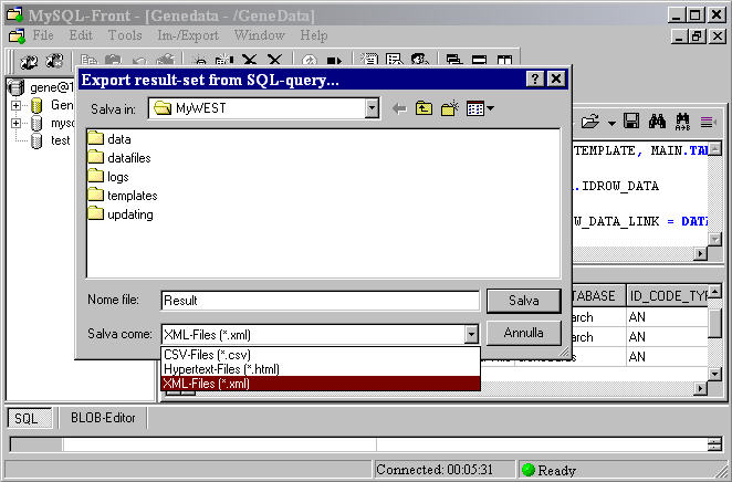 MySQL Front saving XML file with query results