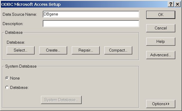 ODBC setup window